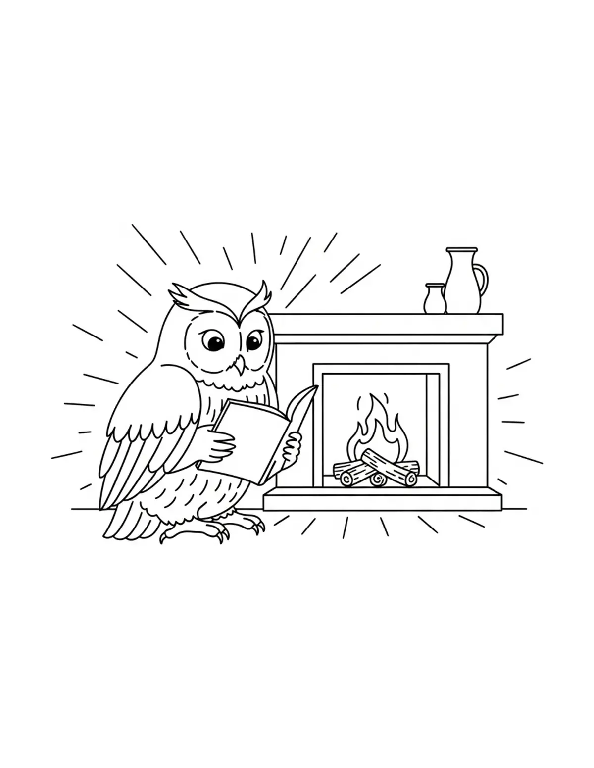 Owl Reading Beside A Fireplace Coloring Page - free printable JPG featuring adorable owl reading scenes