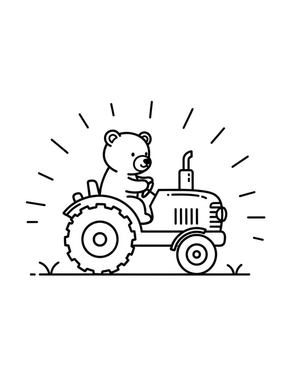 Free printable coloring page: tiny-bear-driving-a-cozy-farm coloring page. Cute and cozy design for kids and adults to download and print.