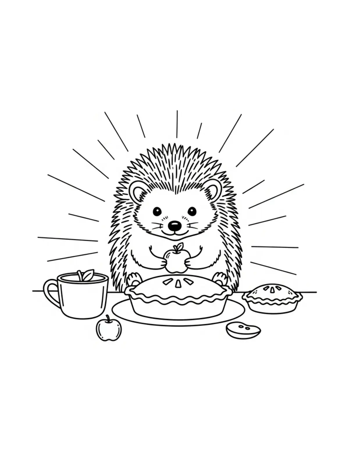 Free printable coloring page: tiny-hedgehog-baking-apple-pie coloring page. Cute and cozy design for kids and adults to download and print.