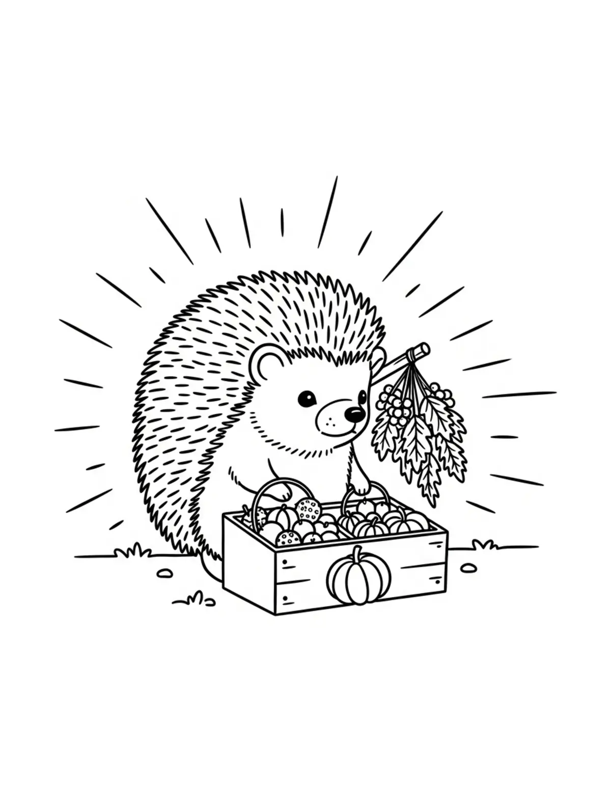 Free printable coloring page: tiny-hedgehog-selling-autumn-d coloring page. Cute and cozy design for kids and adults to download and print.