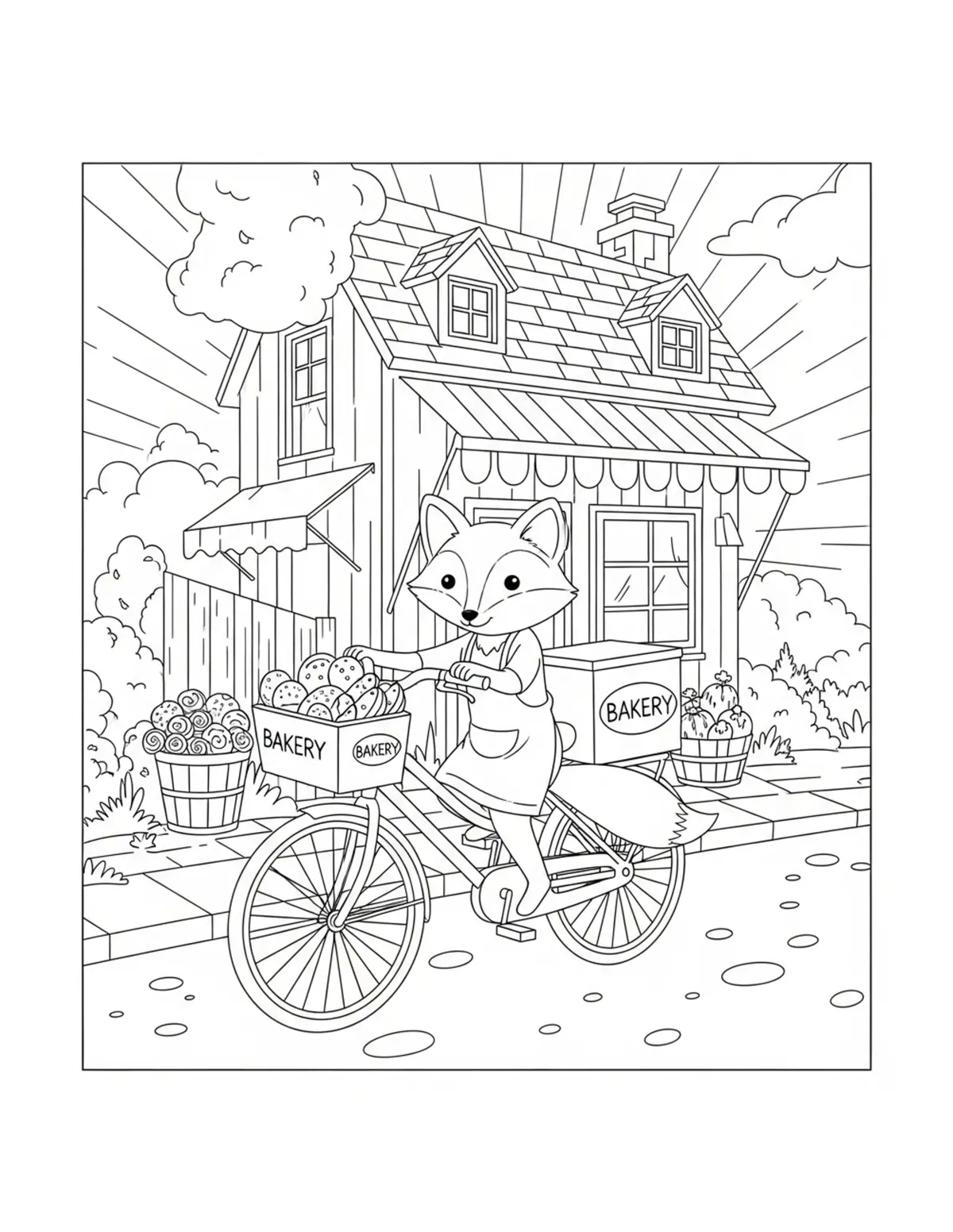 Free printable coloring page: tiny fox bakery delivery bicyc coloring page. Cute design for kids and adults.