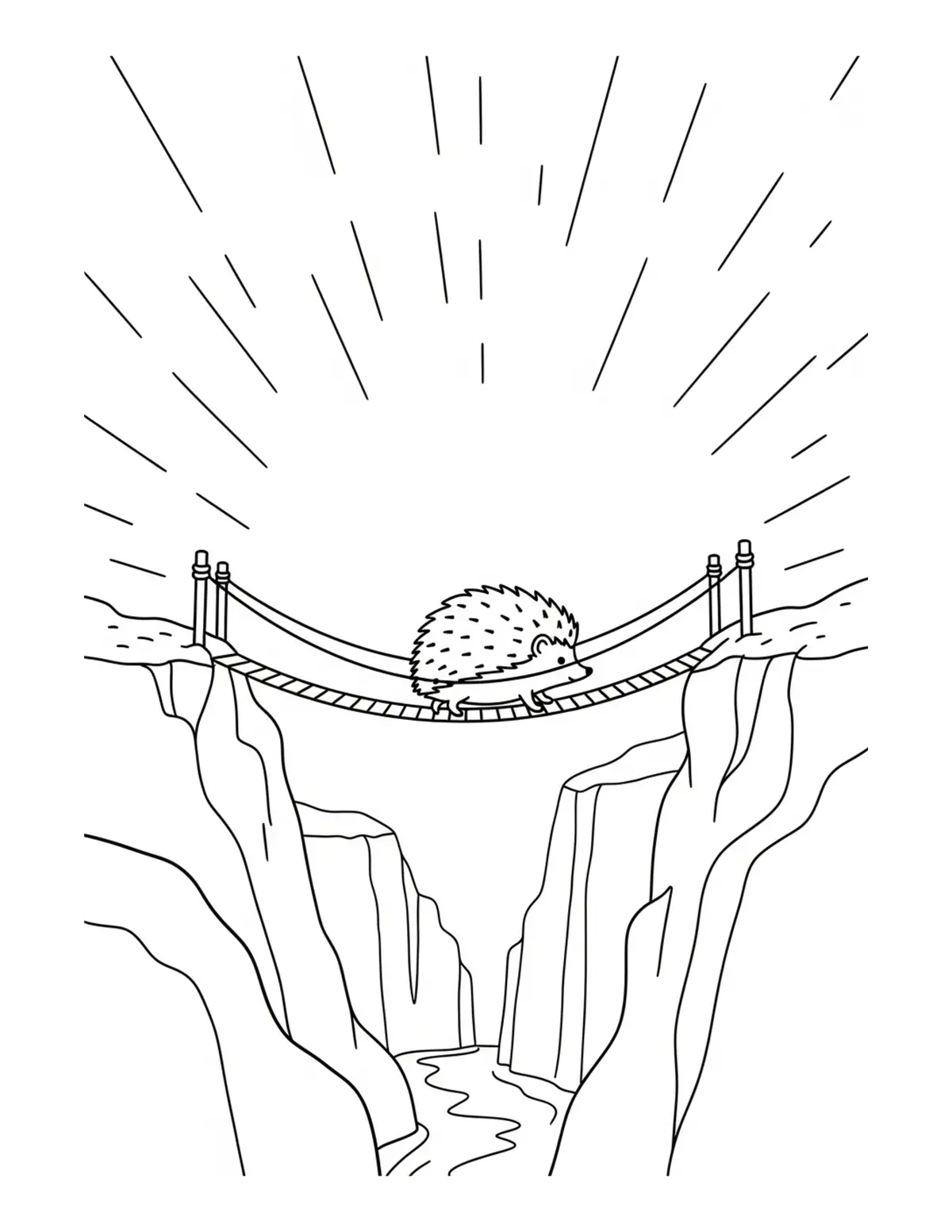 Free printable coloring page: tiny hedgehog crossing a rope coloring page. Cute and cozy tiny animal design for kids and adults to download and print.