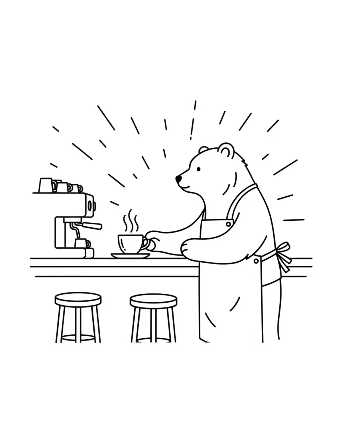 Free printable coloring page: bear-serving-coffee-in-cafe coloring page. Cute and cozy design for kids and adults to download and print.