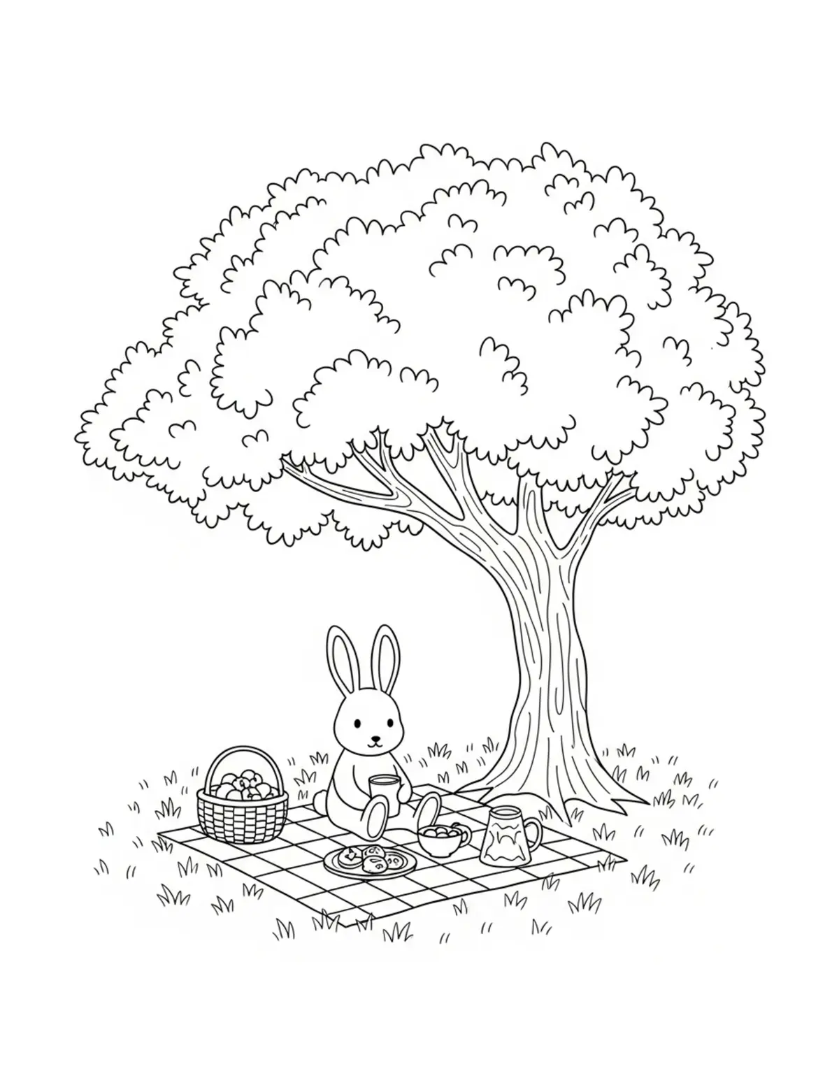 Free printable coloring page: bunny picnic under tree coloring page. Cute and cozy design for kids and adults to download and print.