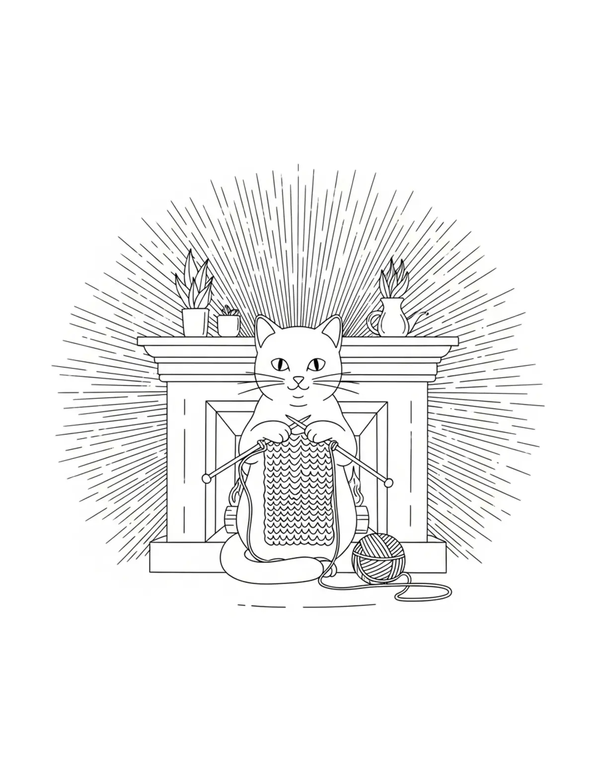 Cat Knitting By Fireplace — free printable cozy coloring coloring page for kids and adults