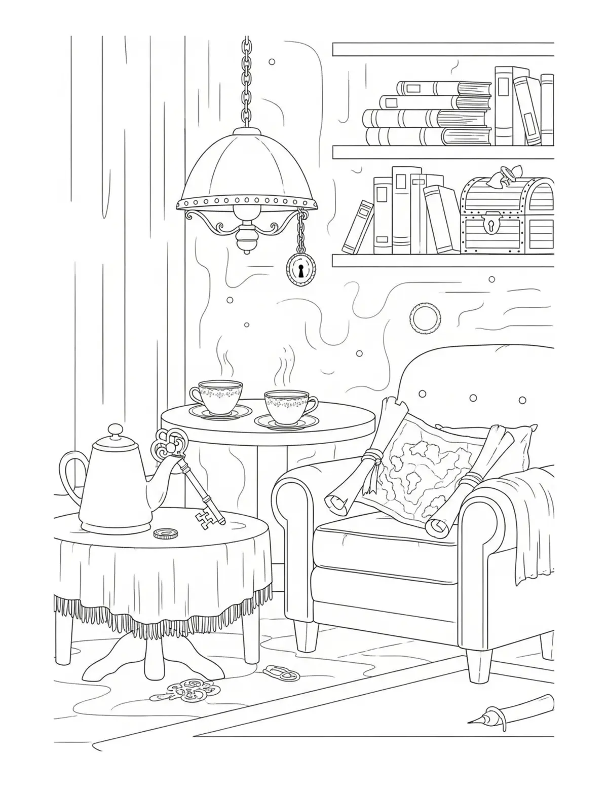 Free printable coloring page: cozy-tea-room-with-hidden-trea coloring page. Cute and cozy design for kids and adults to download and print.