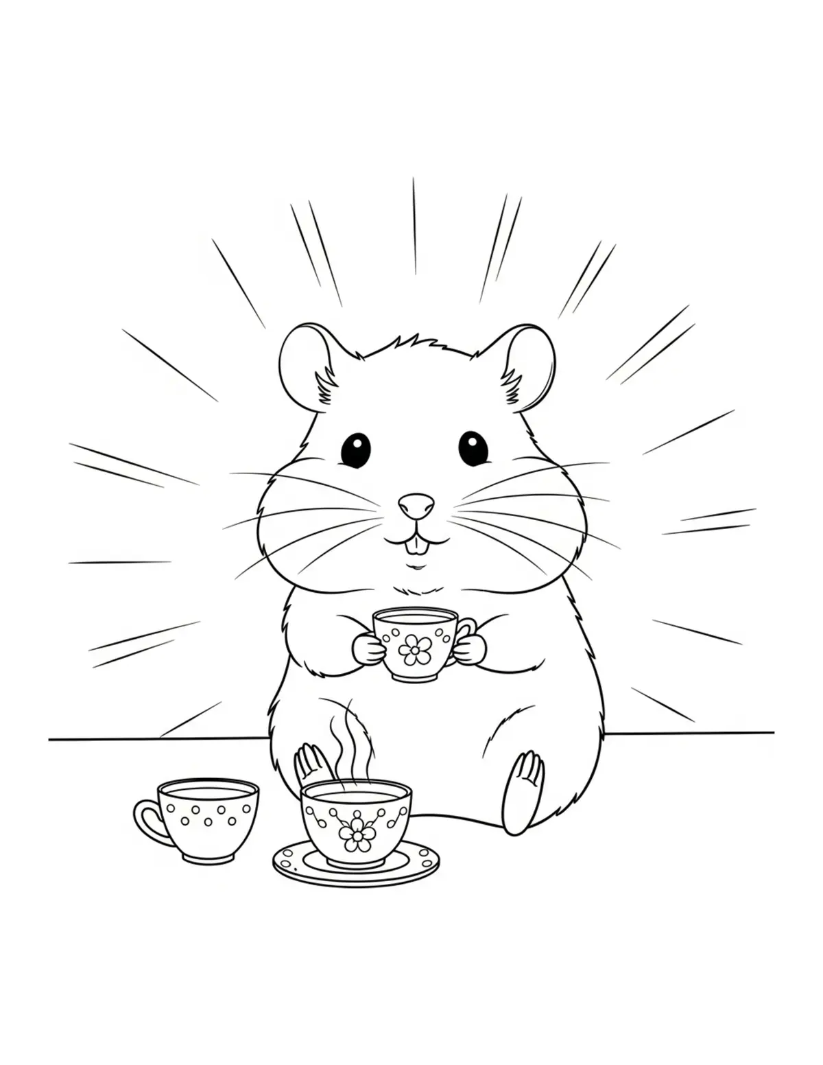 Free printable coloring page: hamster tea party kawaii coloring page. Cute and cozy design for kids and adults to download and print.