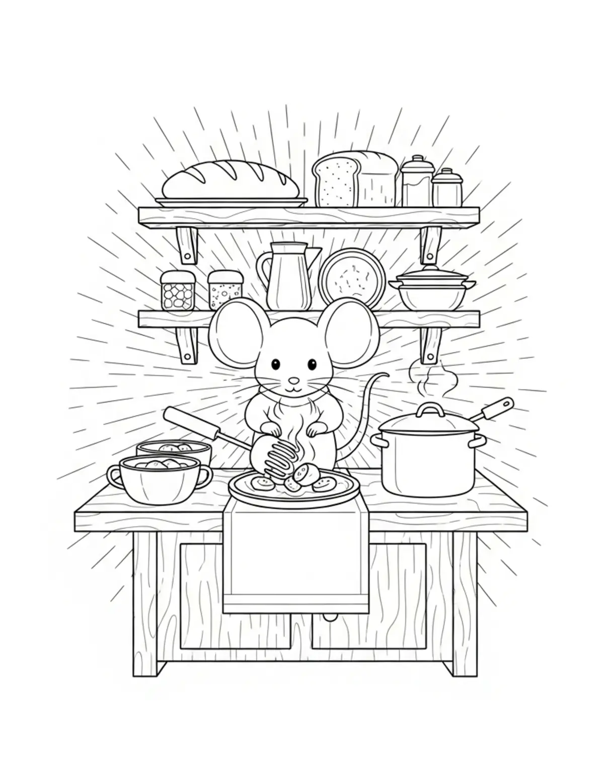 Free printable coloring page: cute mouse cooking in tiny cot coloring page. Cute and cozy animal design for kids and adults to download and print.