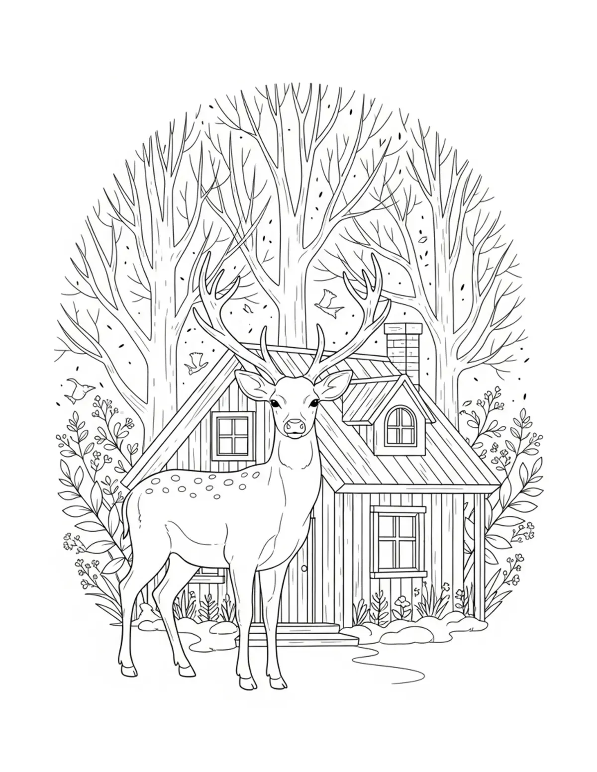Free printable coloring page: deer woodland cottage coloring page. Cute and cozy deer cottage design for kids and adults to download and print.