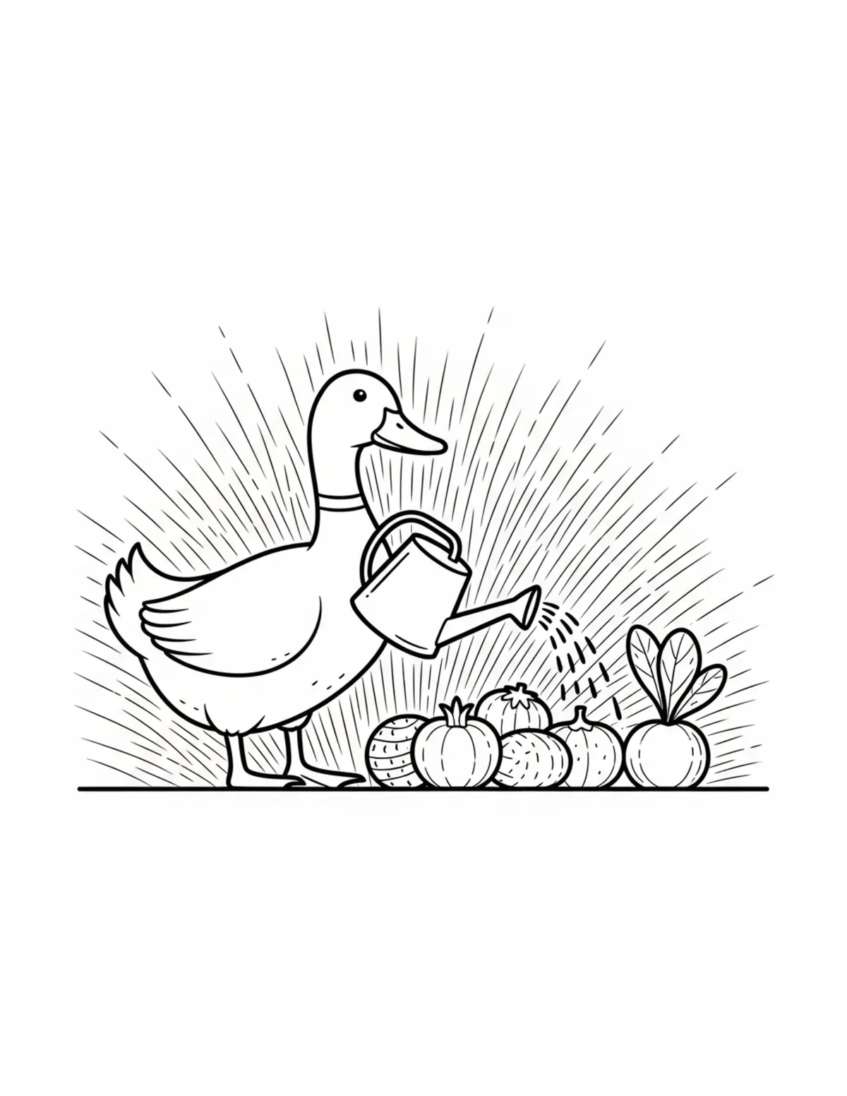 Duck Watering Vegetables Coloring Page - free printable JPG featuring adorable duck scenes