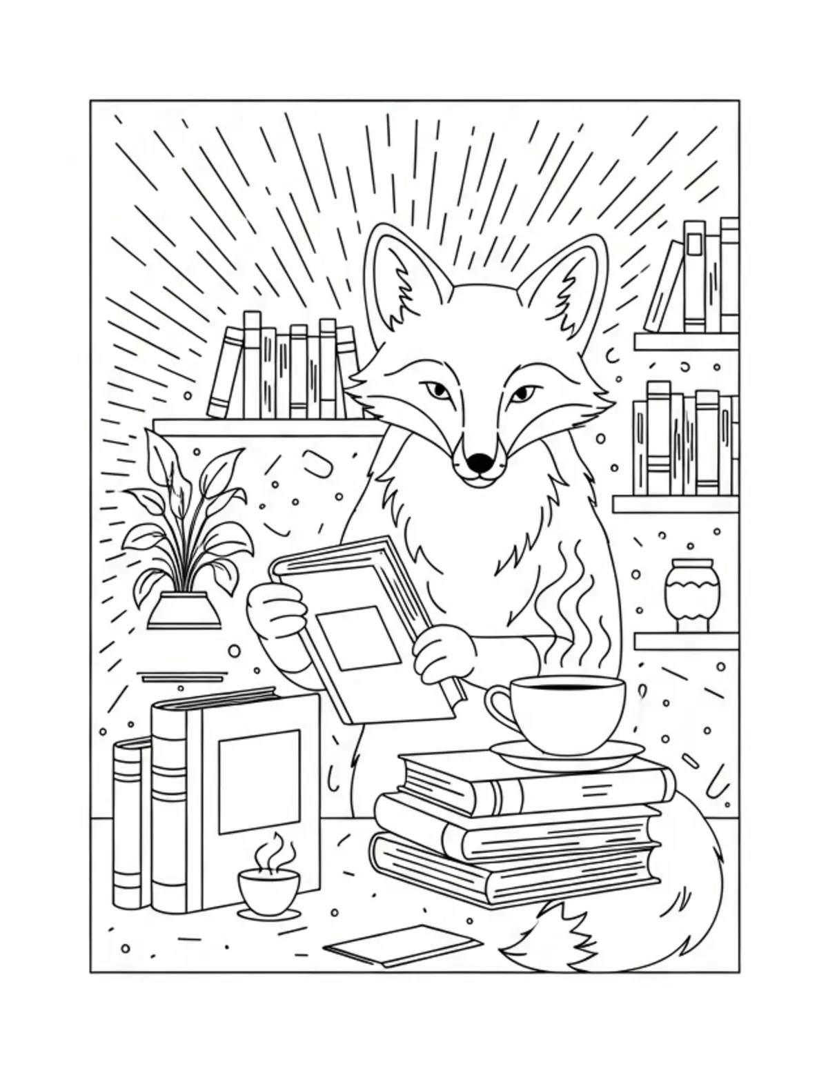 Free printable coloring page: fox book cafe scene coloring page. Cute and cozy bookstore and reading design for kids and adults to download and print.