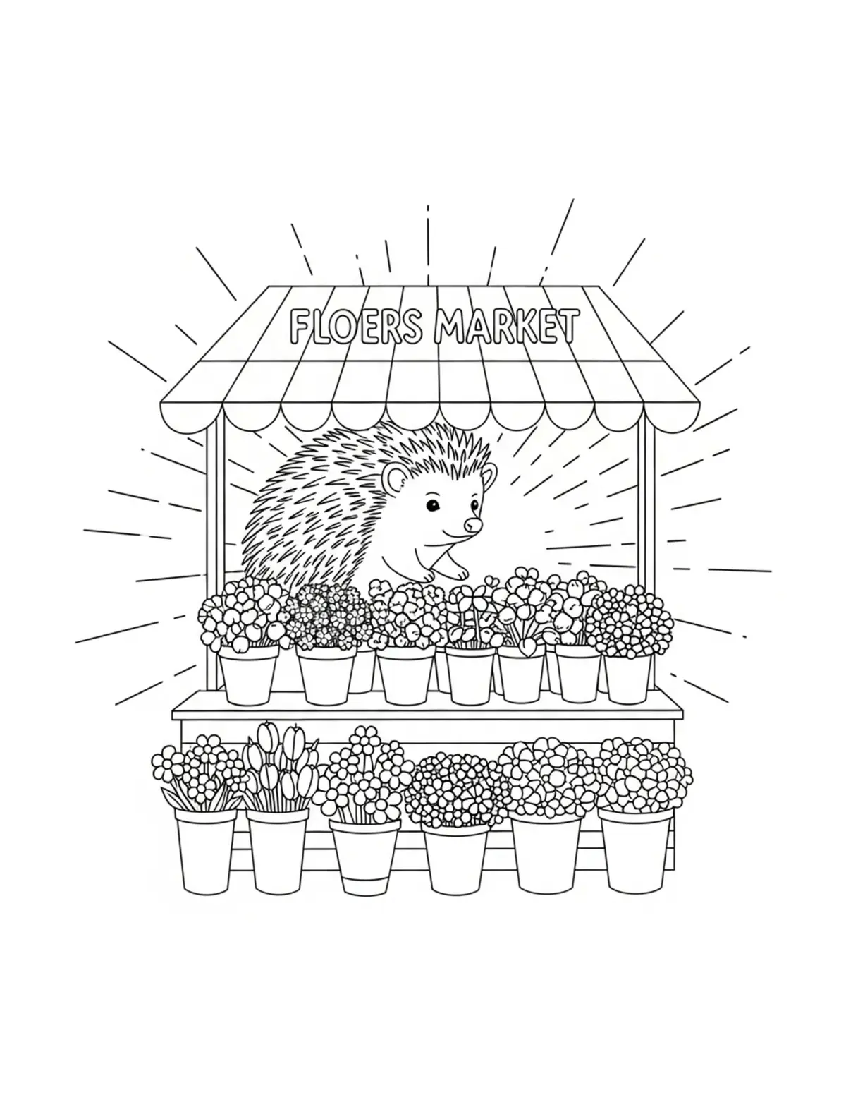 Free printable coloring page: hedgehog flower market stand coloring page. Cute and cozy hedgehog garden design for kids and adults to download and print.