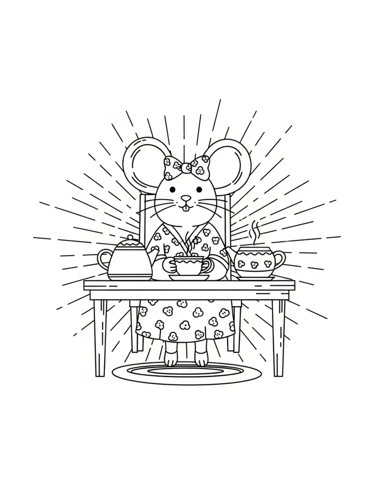 Free printable coloring page: mouse tea room coloring page. Cute and cozy mouse tea party design for kids and adults to download and print.