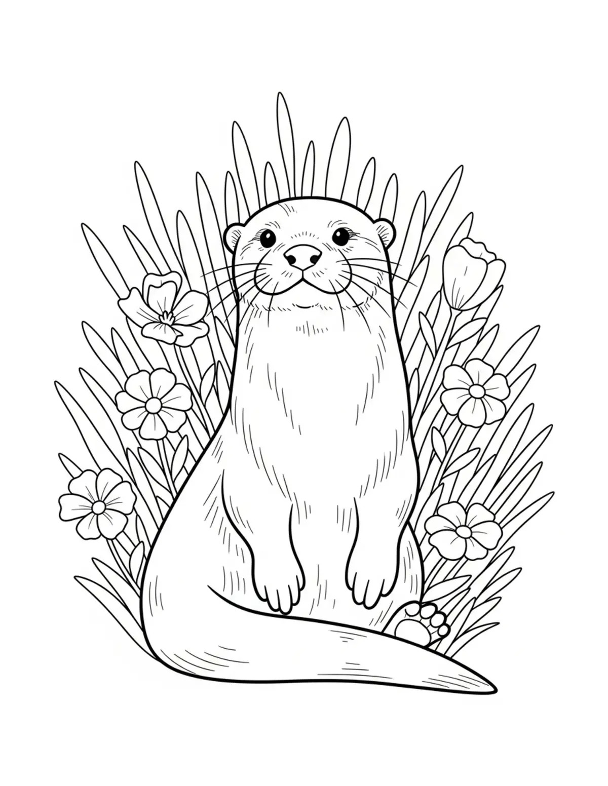 Otter Flower Garden Scene coloring page - free printable JPG featuring adorable otters