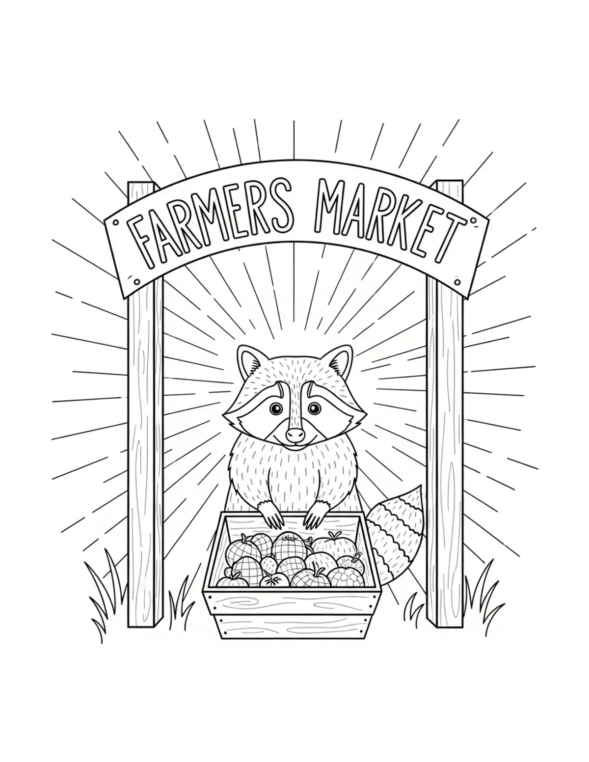 Raccoon Farmers Market Entrance coloring page - free printable JPG featuring adorable raccoons at a market