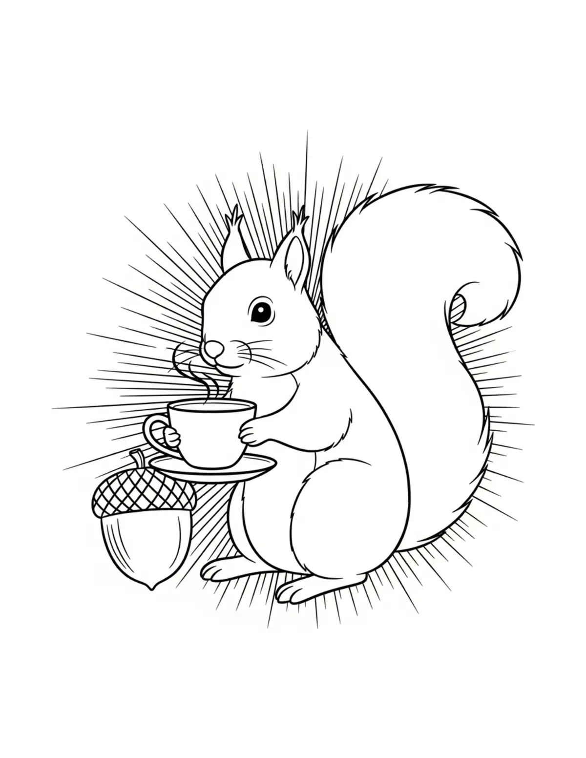 Squirrel Acorn Tea Shop coloring page - free printable JPG featuring adorable squirrels in a woodland scene