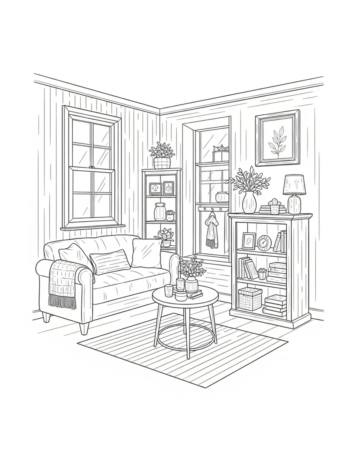 Free printable coloring page: cozy cottage display room coloring page. Cute and cozy design for kids and adults to download and print.
