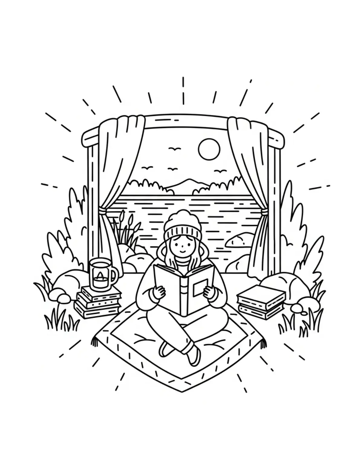 Free printable coloring page: cozy lakeside story time coloring page. Cute and cozy summer design for kids and adults to download and print.