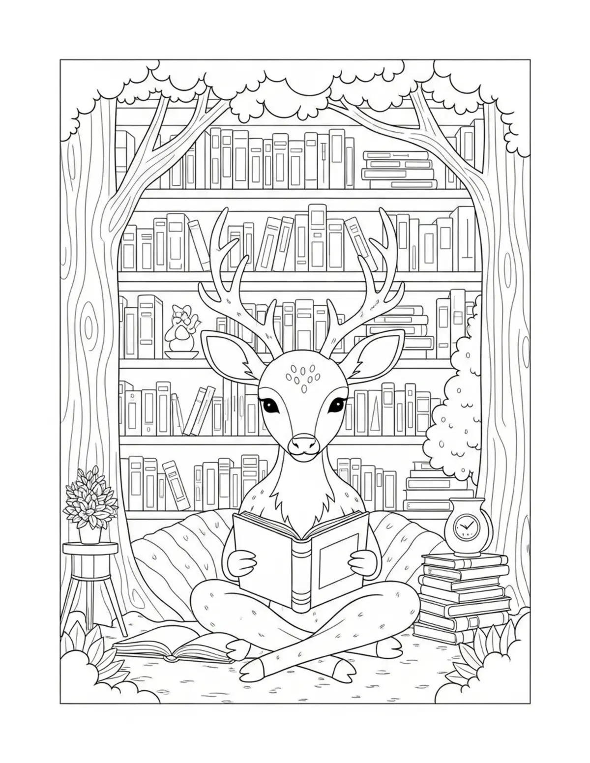 Cute Deer Forest Library Color — free printable cozy coloring coloring page for kids and adults