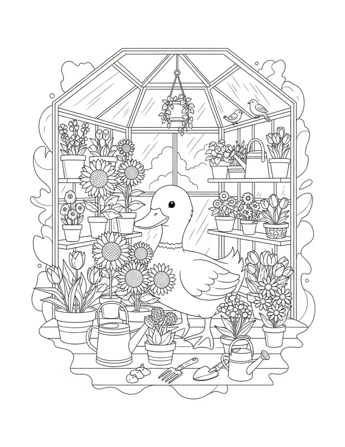 Cute Duck Flower Greenhouse Co — free printable cozy coloring coloring page for kids and adults