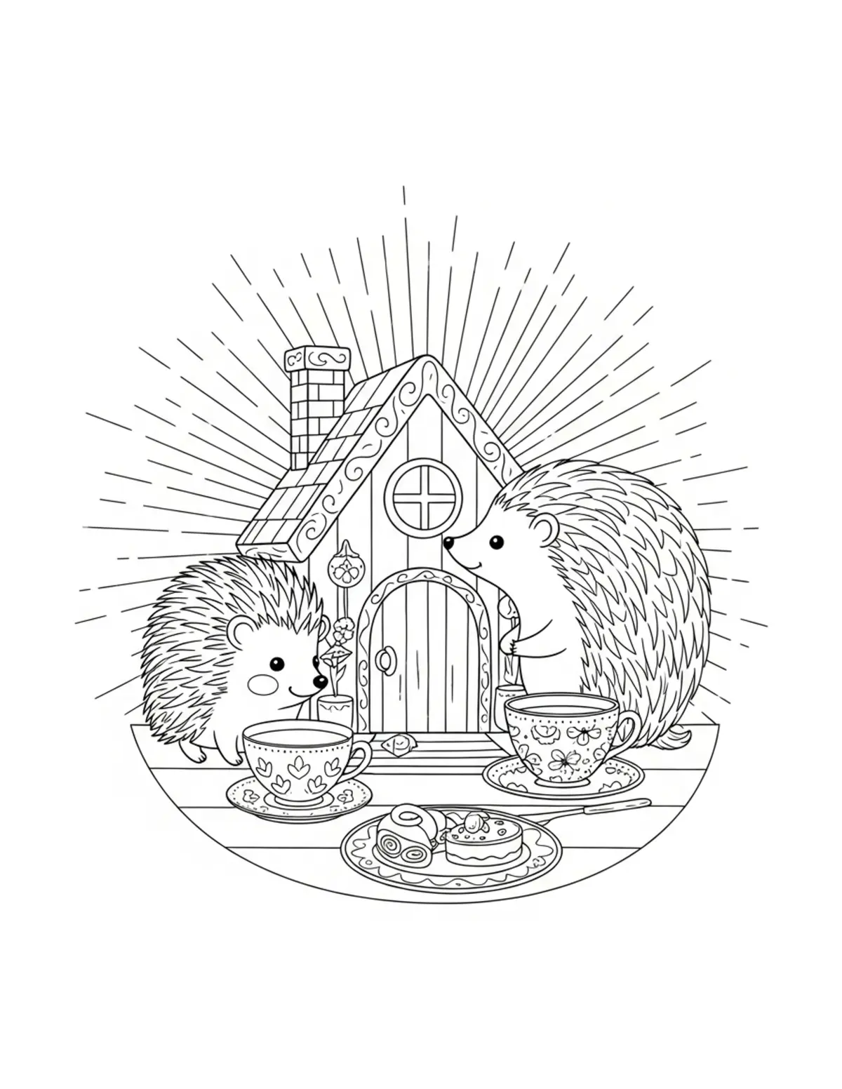 Free printable coloring page: cute hedgehog tea house teacu coloring page. Cute design for kids and adults.
