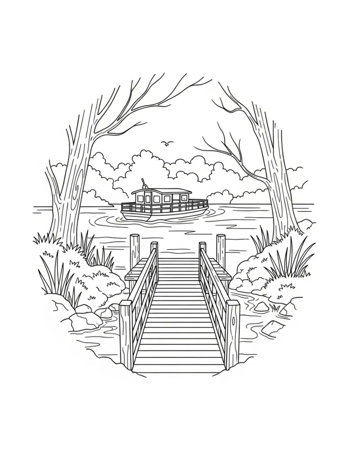 Free printable coloring page: hidden-woodland-ferry-dock coloring page. Cute and cozy design for kids and adults to download and print.