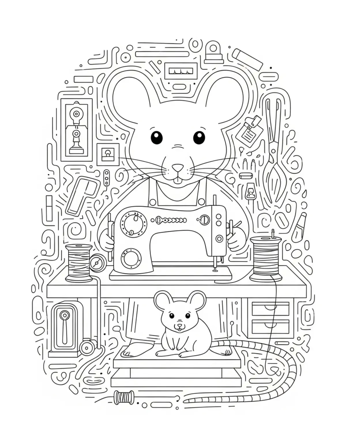 Free printable coloring page: mouse sewing workshop coloring page. Cute and cozy design for kids and adults to download and print.