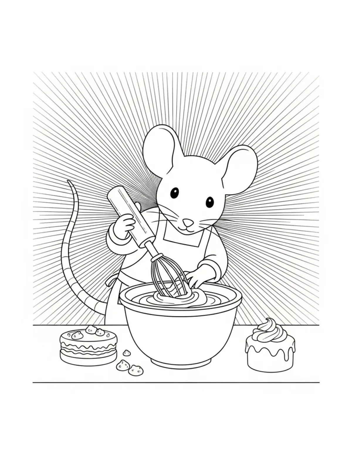 Mouse Mixing Cake Batter In A Coloring Page - free printable JPG featuring adorable mouse bakery scenes