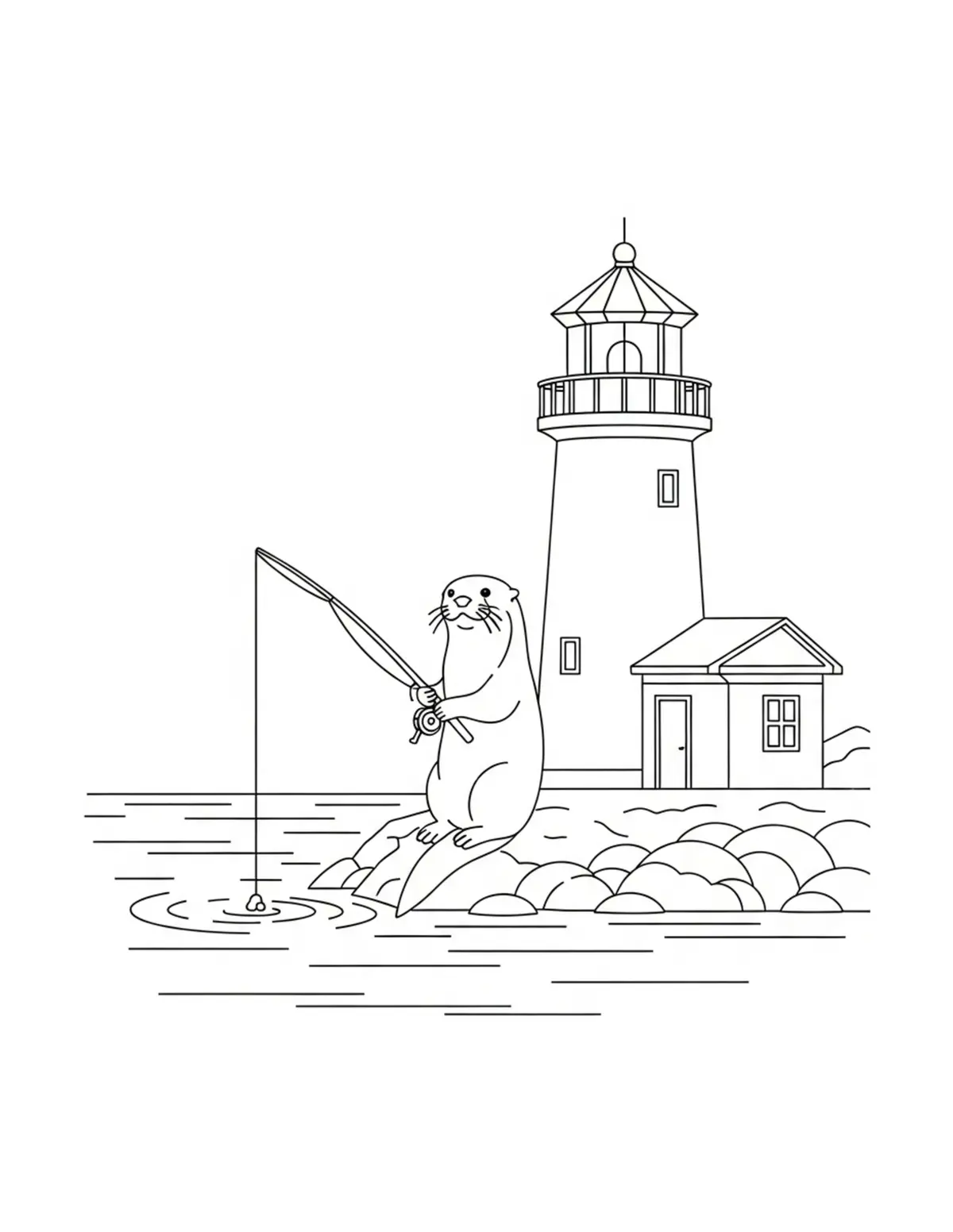 Otter Fishing beside a Cozy Li Coloring Page - free printable JPG featuring adorable woodland animals