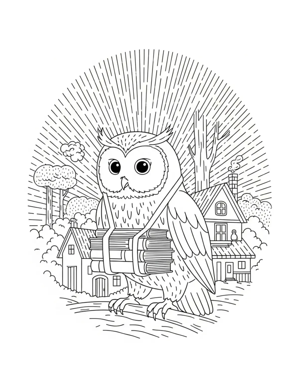 Owl Carrying Books Through A W Coloring Page - free printable JPG featuring adorable owl reading scenes