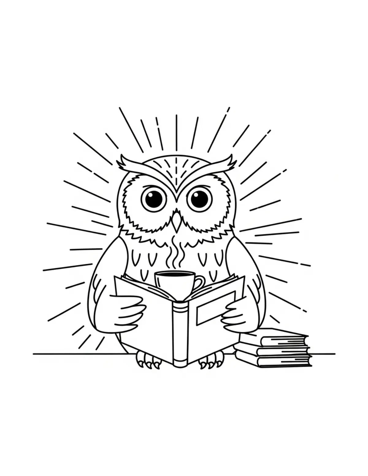 Owl Enjoying Tea While Reading Coloring Page - free printable JPG featuring adorable owl
