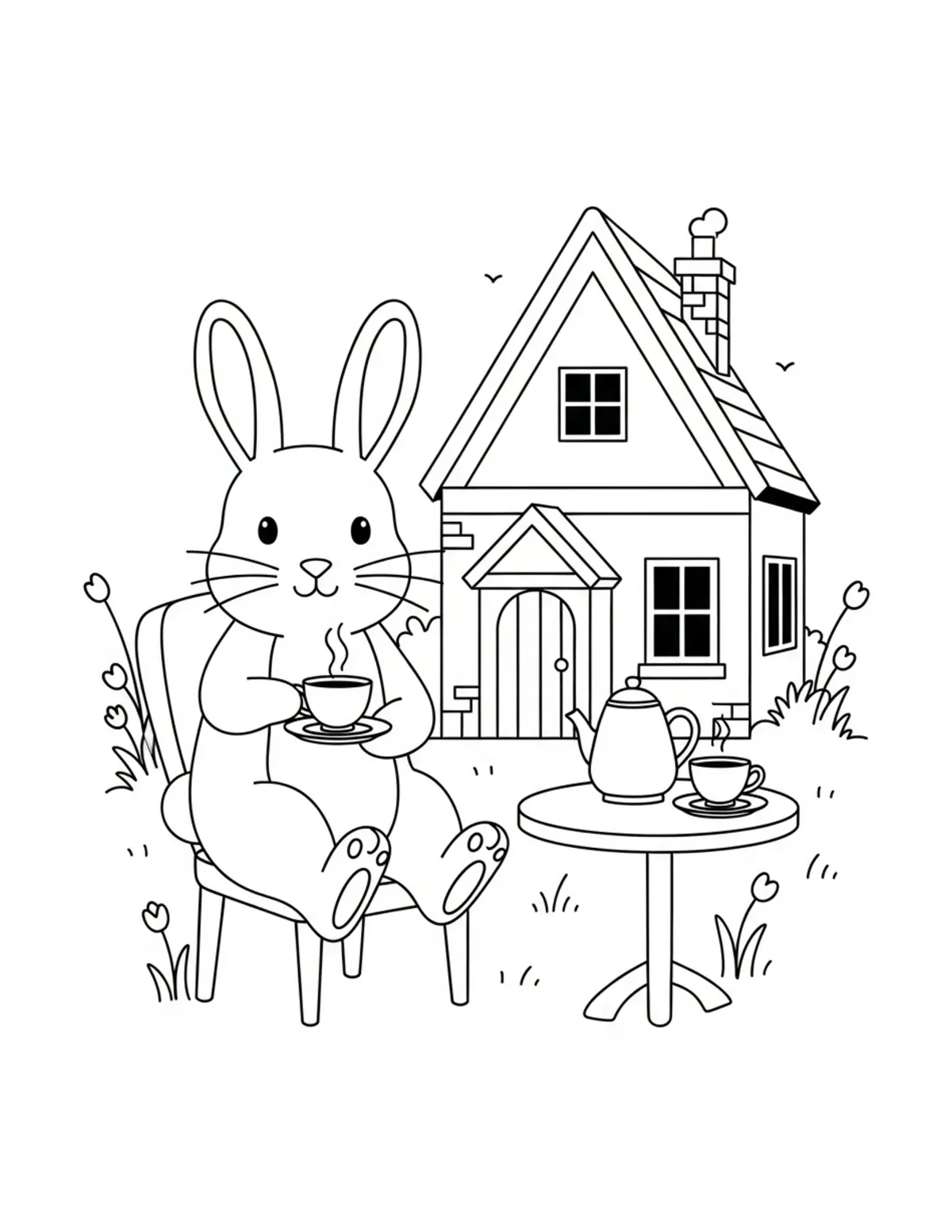 Rabbit Enjoying Tea Beside A Coloring Page - free printable JPG featuring adorable rabbit