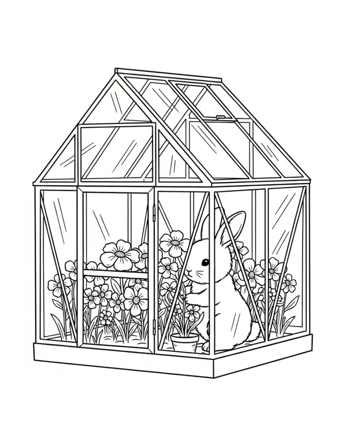Free printable coloring page: tiny-bunny-growing-flowers-in coloring page. Cute and cozy design for kids and adults to download and print.