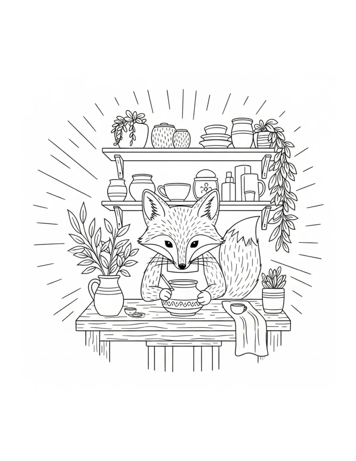 Free printable coloring page: tiny-fox-working-in-a-cozy-pot coloring page. Cute and cozy design for kids and adults to download and print.