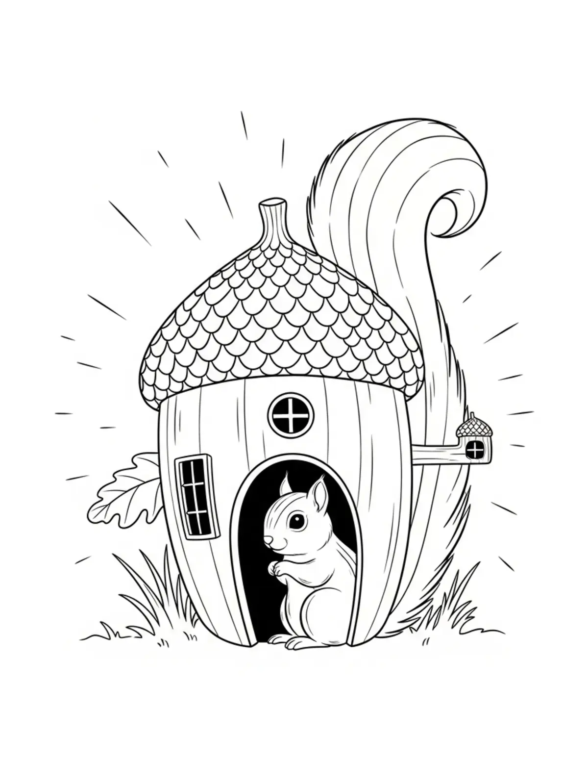 Free printable coloring page: tiny-squirrel-living-inside-an coloring page. Cute and cozy design for kids and adults to download and print.