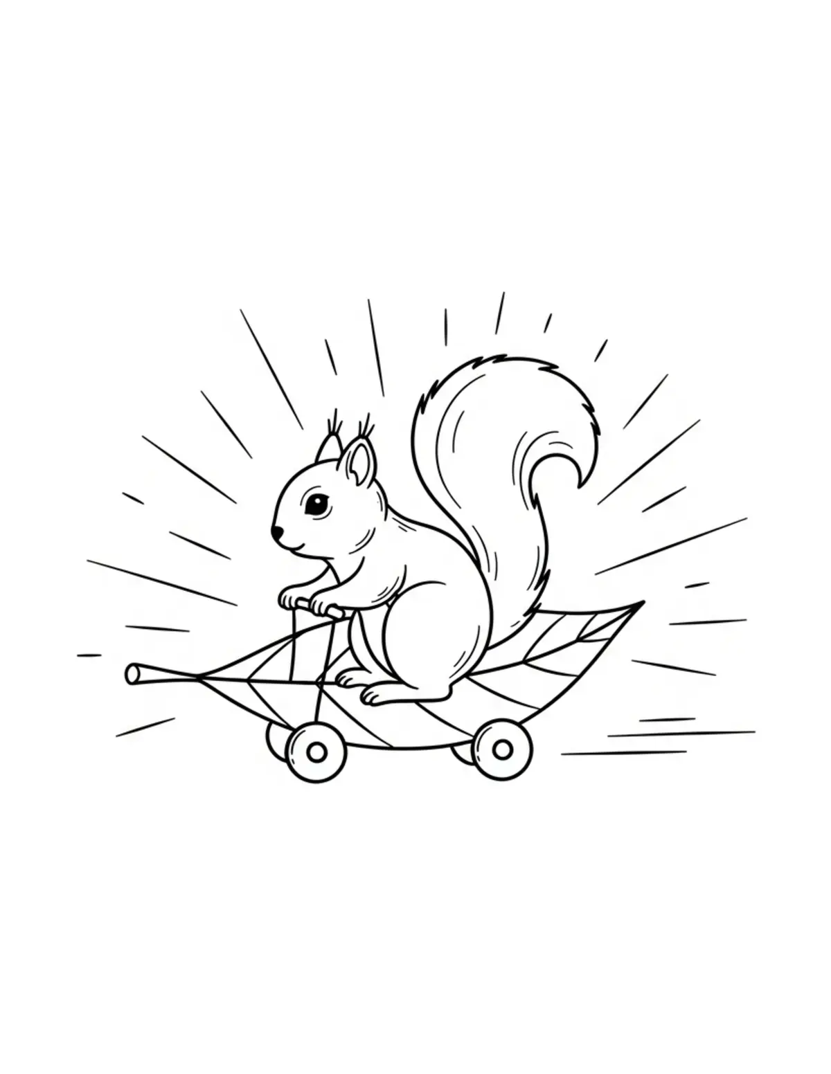 Free printable coloring page: tiny-squirrel-riding-a-leaf-sk coloring page. Cute and cozy design for kids and adults to download and print.
