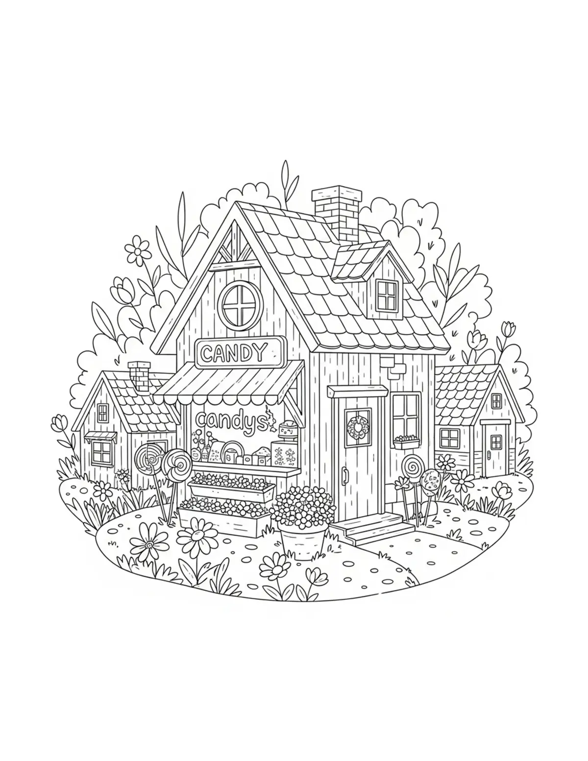 Tiny Countryside Candy Shop Su Coloring Page - free printable JPG featuring adorable tiny animal village scene