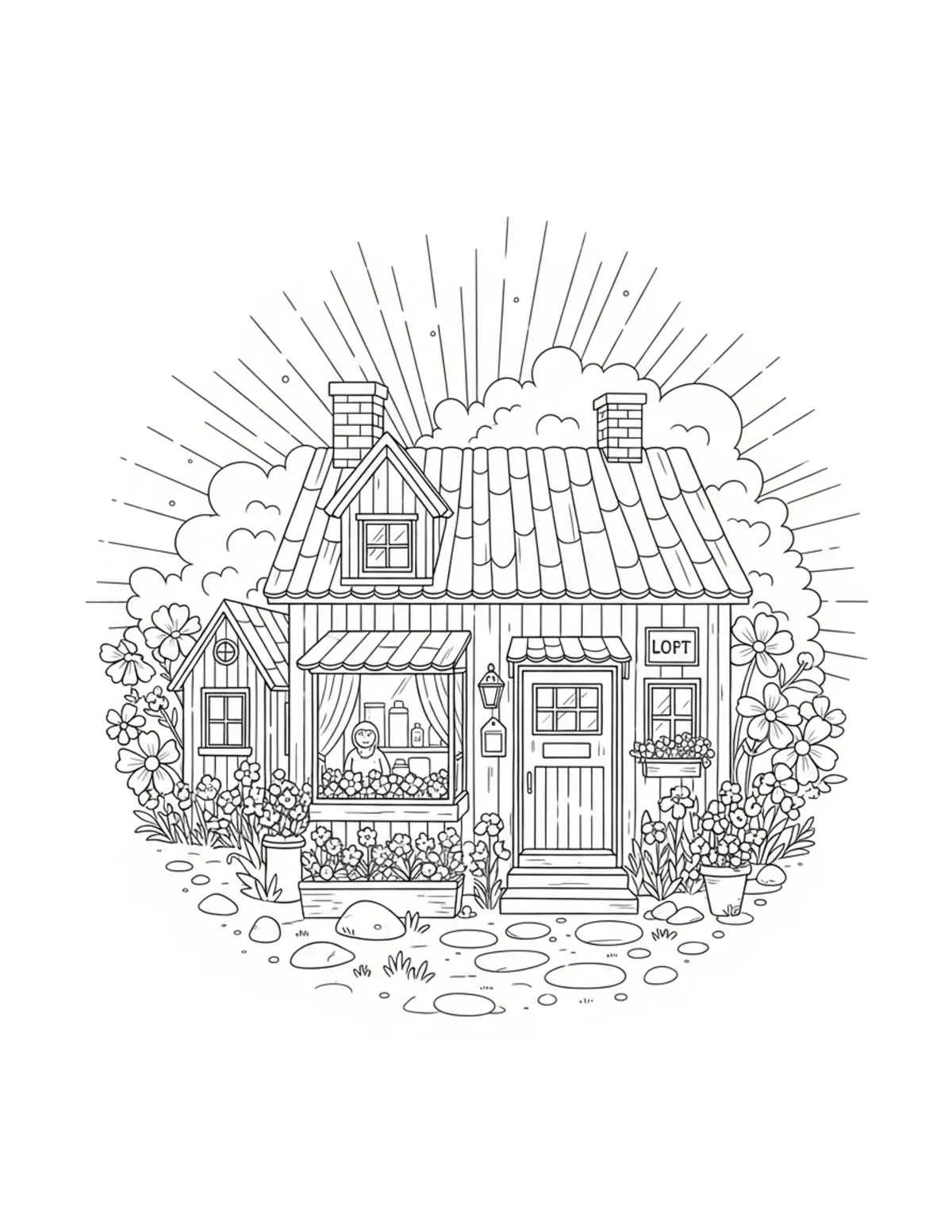 Tiny Countryside Craft Shop Su Coloring Page - free printable JPG featuring adorable tiny animal village scene