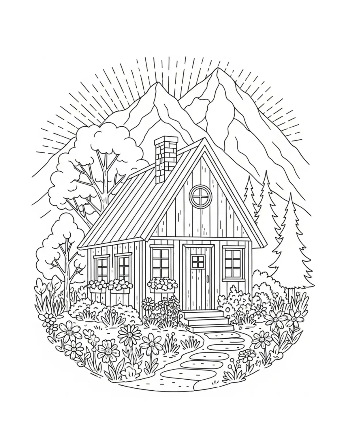 Tiny Mountain Cottage Surround Coloring Page - free printable JPG featuring adorable tiny animal village scene