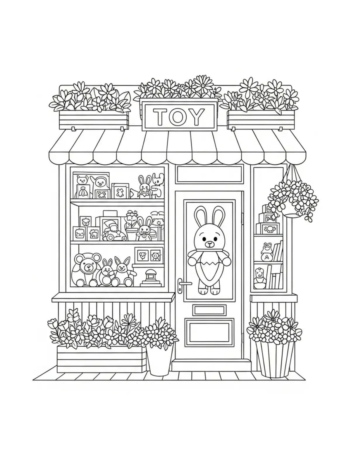 Tiny Toy Shop Exterior Decorat Coloring Page - free printable JPG featuring adorable tiny animal village scene