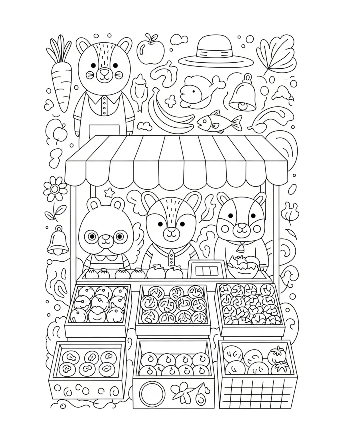 Free printable coloring page: animal-village-market-with-10 coloring page. Cute and cozy design for kids and adults to download and print.
