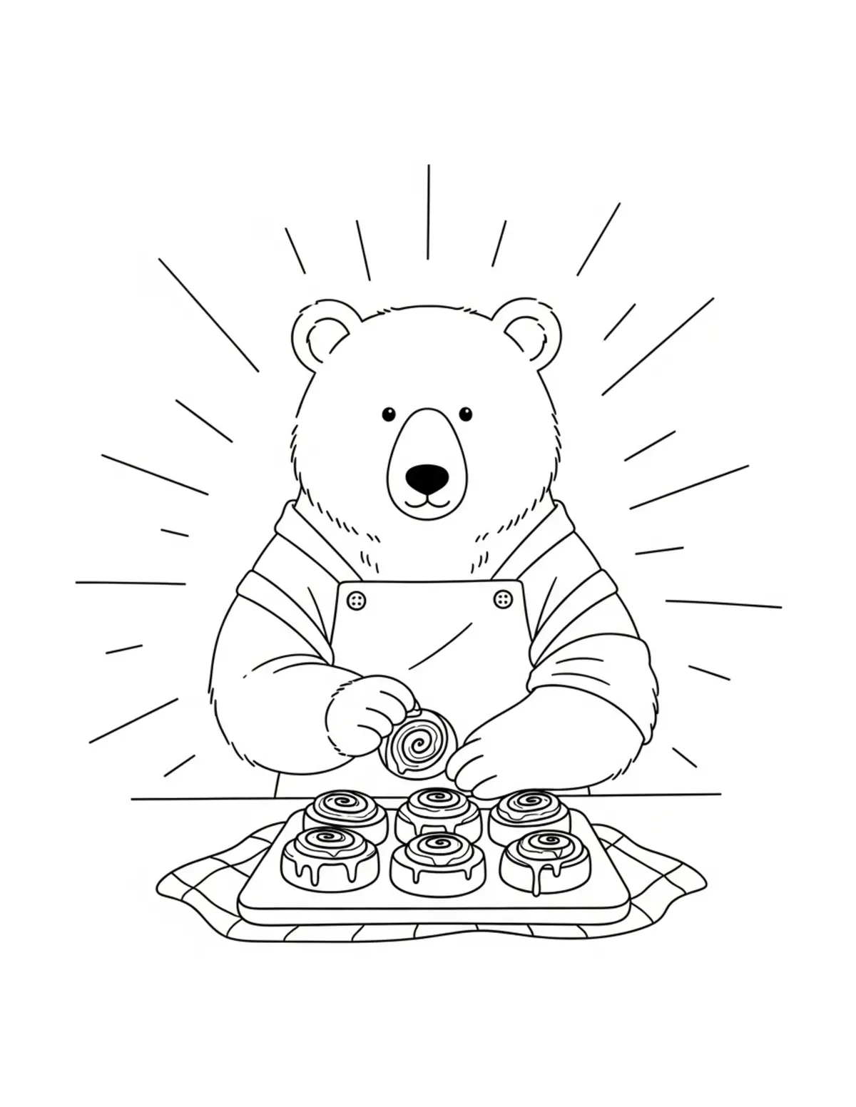 Free printable coloring page: bear-baking-cinnamon-rolls coloring page. Cute and cozy design for kids and adults to download and print.