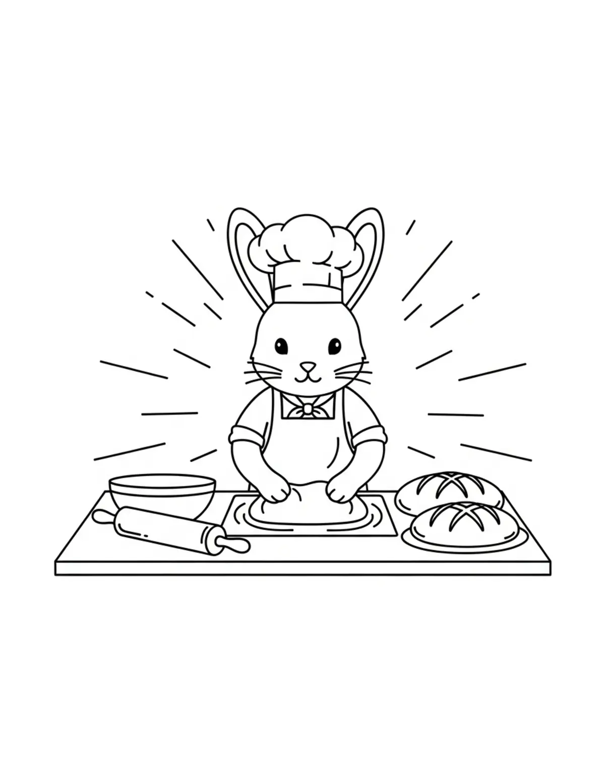 Free printable coloring page: bunny baking fresh bread coloring page. Cute and cozy design for kids and adults to download and print.