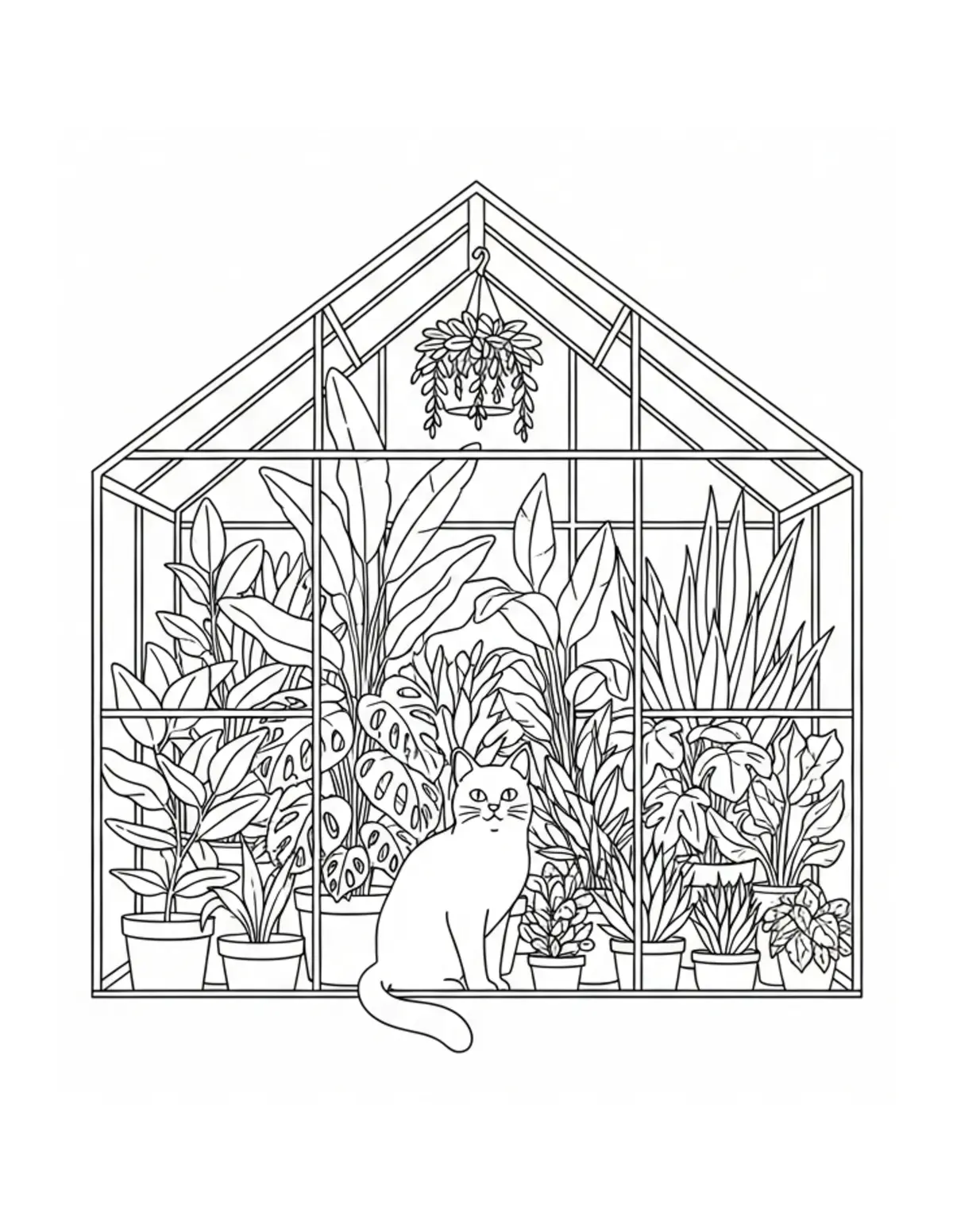 Cat Greenhouse Full Of Plants — free printable cozy coloring coloring page for kids and adults
