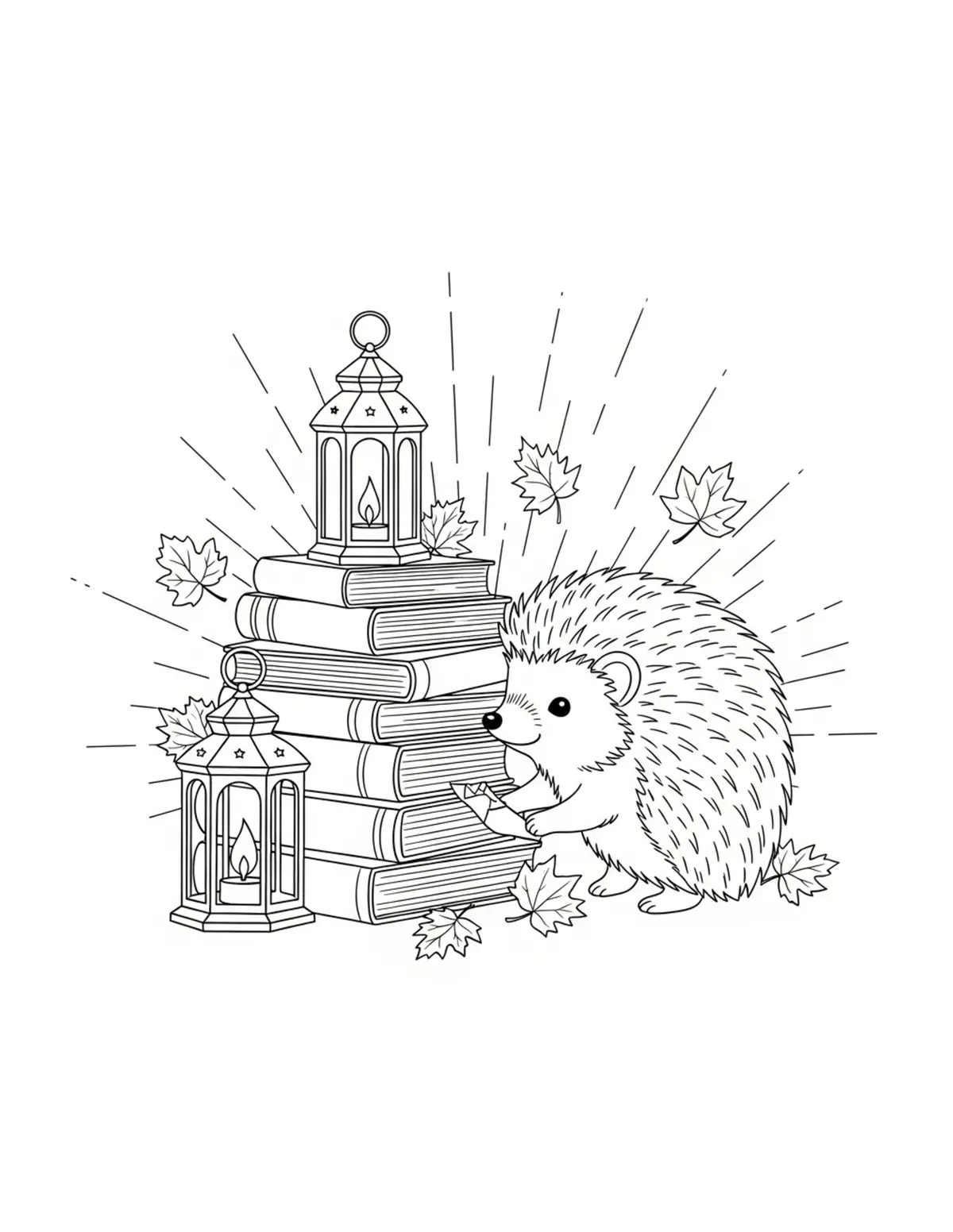 Free printable coloring page: cute hedgehog exploring librar coloring page. Cute and cozy animal design for kids and adults to download and print.