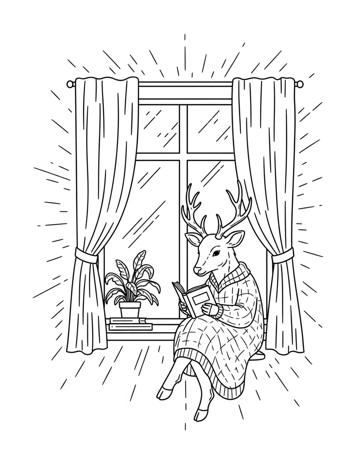 Free printable coloring page: deer reading by window coloring page. Cute and cozy deer cottage design for kids and adults to download and print.