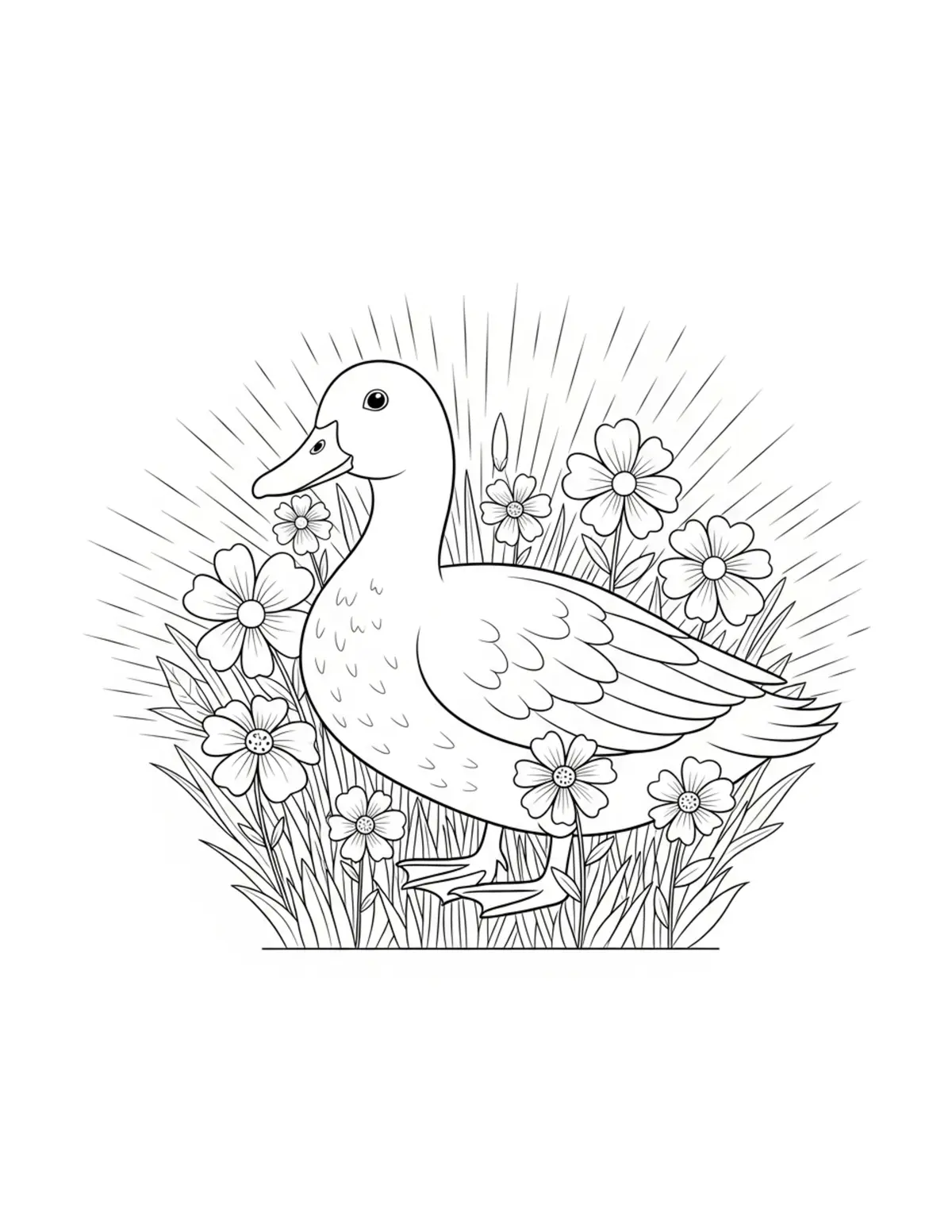 Duck Flower Garden Scene Coloring Page - free printable JPG featuring adorable duck scenes
