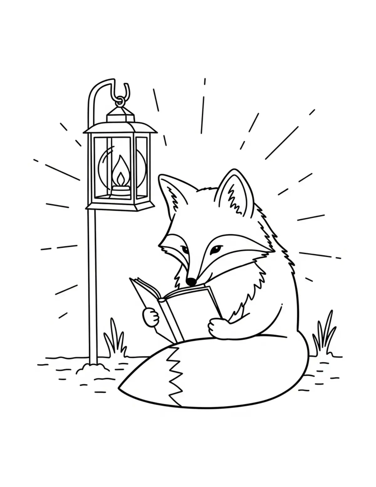 Free printable coloring page: fox reading under lantern coloring page. Cute and cozy bookstore and reading design for kids and adults to download and print.