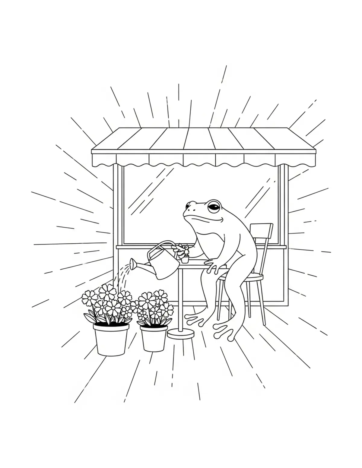 Free printable coloring page: frog watering flowers outside coloring page. Cute and cozy design for kids and adults to download and print.