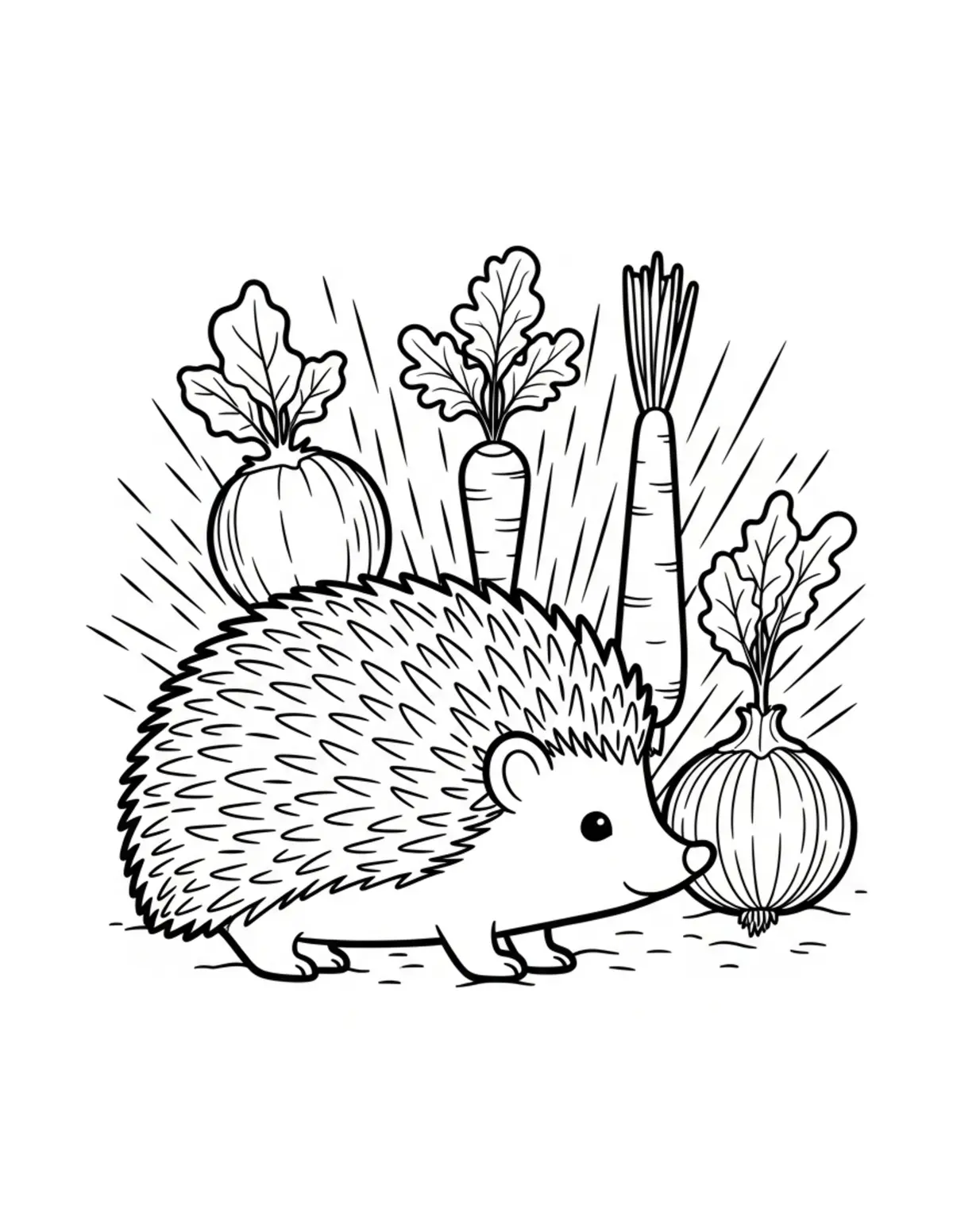 Free printable coloring page: hedgehog vegetable garden coloring page. Cute and cozy hedgehog garden design for kids and adults to download and print.